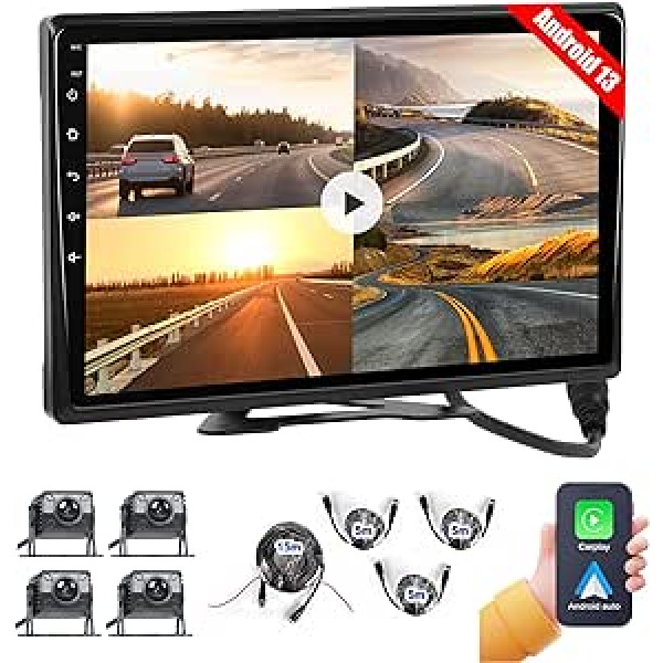 【Jauniniet Android】 Portatīvās atpakaļgaitas kameras 4 kameru komplekts ar Carplay un Android automašīnu, 10,1 collu 4 dalīta skārienekrāna monitors, ar WiFi/GPS/BT/USB/FM + 4 x 4K ūdensizturīgām nakts redzamības kamerām