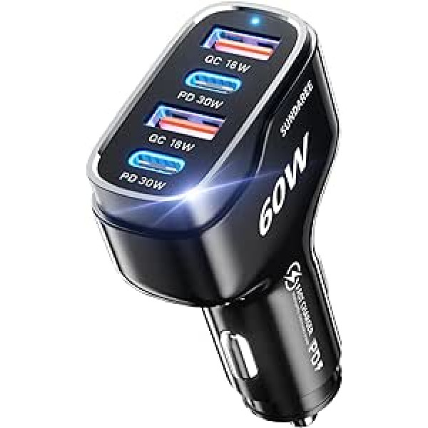 SUNDAREE automobilinis įkroviklis USB C, 60 W 4 prievadas 12 V 24 V automobilinis mobiliojo telefono įkroviklis, tipas C PD QC greito įkrovimo 4 krypčių USB cigarečių degiklio adapteris, skirtas Samsung S23 A54 / Xiaomi Redmi Note 12 / iPhone 15 / 