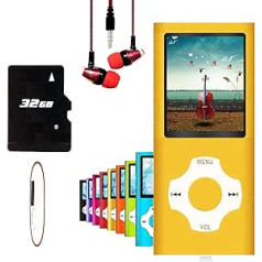 Hotechs Slim Design MP3 atskaņotājs MP3 atskaņotājs ar 32 GB atmiņas karti digitālais LCD displejs 1,8 collu displejs FM radio (dzeltens)