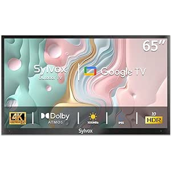 SYLVOX 65 collu āra televizors Smart Google TV 4K HDR 1000nits LED HDR10 Google Assistant Chromecast, Dolby Atmos, IP55 ūdensizturīgs, 60Hz, WiFi, DVB-C/S2/T2, YouTube, Netflix, Deck Pro 2.0