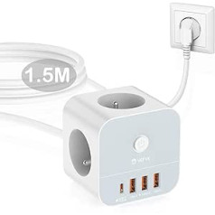 VEFVE barošanas sloksne ar USB C, daudzligzda ar slēdzi, 3 ligzdas un 4 USB porti, ātra uzlāde, 20 W, pagarinātājs 1,5 m