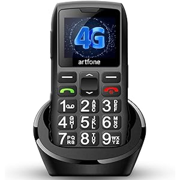 Artfone C1+ 4G vyresnysis mobilusis telefonas be sutarties su dideliais mygtukais, pensininko dideli mygtukai mobilusis telefonas su įkrovimo stotele, GSM mobilusis telefonas su 1,8 colio spalvotu ekranu, SOS pagalbos skambutis