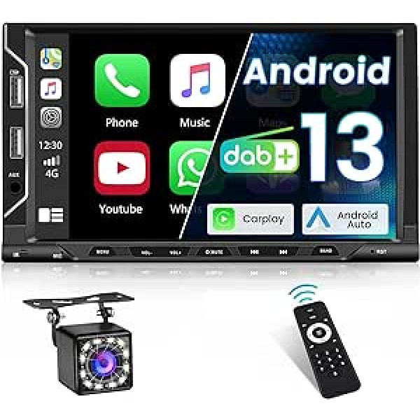 Hikity DAB/DAB+ automašīnas radio 2 DIN ar Apple Carplay Android automašīnas radio ar ekrānu 7 collu skārienjutīgs displejs ar Bluetooth Android 2 DIN automašīnas radio ar FM/USB + atpakaļgaitas kameru