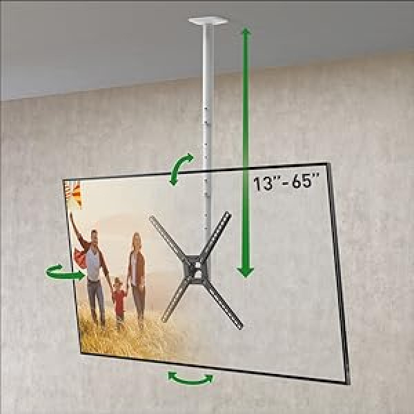 Barkan 97 cm Long White TV Ceiling Mount, 13-65 Inch Tilt/Full Motion Flat & Curved TV Mount, Holds up to 40 kg, Telescopic Height Adjustable, for LED OLED LCD, Max. VESA 400 x 400