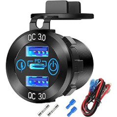 12 V USB Aluminium Car Charger Socket PD3 .0 Type C and Dual Quick Charge 3.0 USB Port Multiple Waterproof 12 V USB Sockets with Touch Switch Fuse Cable Set for Car Boat Marine RV Motorcycle