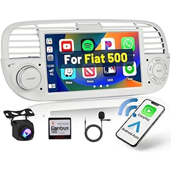 Android automašīnas radio priekš Fiat 500 2007-2015 ar bezvadu Apple Carplay, 2 DIN automašīnas radio ar navigācijas skārienjutīgu displeju Bluetooth 7 collu ekrāns WiFi HiFi SWC FM RDS radio atpakaļgaitas kamera + mikrofons