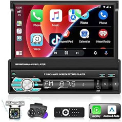 Podofo Car Radio 1 DIN ar Apple Carplay un Android Car, 7 collu ekrāna automašīnas radio ar Bluetooth brīvroku zvanu/FM radio/SWC/Mirror Link/USB + atpakaļgaitas kameru