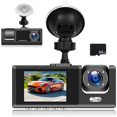 CAMECHO 2 Lens Dash Cam Automašīnas priekšējais interjers Pilns 1080P/25 FPS 2,0 collu IPS ekrāns, automašīnas kamera ar nakts redzamības 150° platleņķa objektīvu, cilpas ierakstīšana + 64 GB TF karte