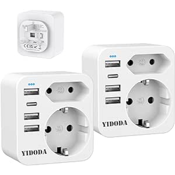 YIDODA ceļojumu adapteris Apvienotajā Karalistē Adapteris Anglija Vācija Spraudnis ar 4 USB 3.4 A, Anglija Adaptera ligzda, Socket Adapter, Travel Plug Strāvas adapteris Īrijai Lielbritānija Sienas lādētājs, 2 komplekti