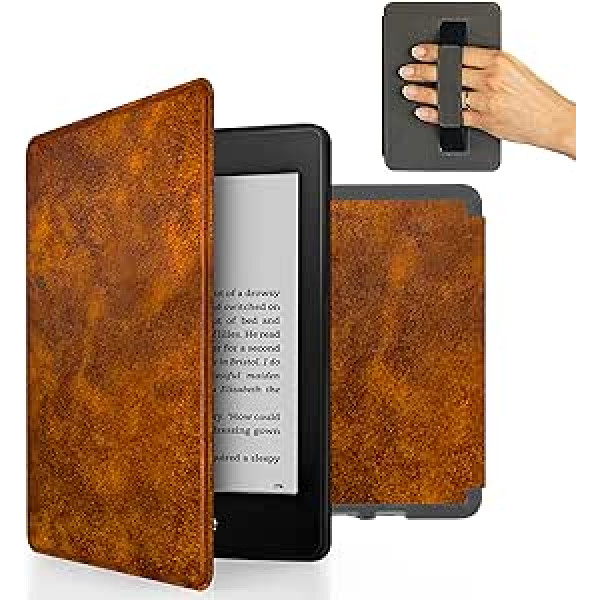 MyGadget mākslīgās ādas futrālis Amazon Kindle Paperwhite 10. paaudzei (2018. gada modelis — PQ94WIF — 6 collas) ar rokas siksnu un automātisko miega/modināšanas funkciju brūnā krāsā