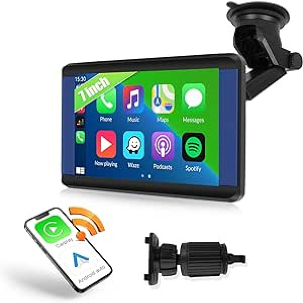 CAMECHO portatīvais bezvadu Apple CarPlay un Android Car Stereo, 7 collu IPS skārienekrāna automašīnas stereo iekārta ar Bluetooth, brīvroku/Airplay/Autolink/Google/Siri/AUX/FM/EQ