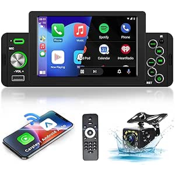 Hodozzy 1 DIN bezvadu Carplay automašīnas radio Bluetooth ar Android Car 5 collu skārienekrāna automašīnas radio 1 DIN ar ekrānu ar spoguļa saiti/USB/FM/SWC + atpakaļgaitas kameru