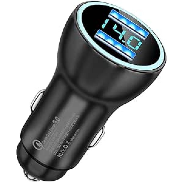 Wixzor 36 W USB C Car Charger Full Metal Car Cigarette Lighter Dual QC3.0 with LED Voltmeter for Samsung Galaxy S23 S22, iPhone 15 Pro Max (Black)