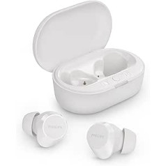 Philips TAT1209WT bezvadu Bluetooth austiņas — mazas austiņas, lieliska vērtība, dabiska skaņa ar dinamisku basu, skaidri zvani un kabatas izmēra uzlādes futrālis — balts