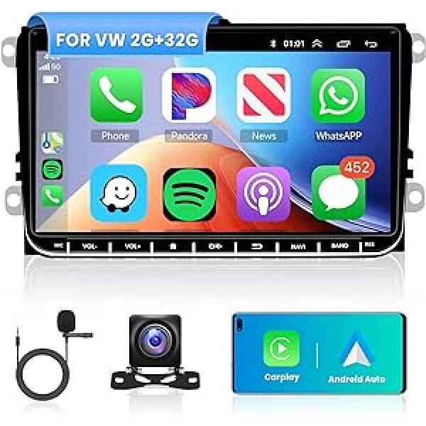 Hodozzy Android 2G + 64G Car Radio bezvadu Apple CarPlay priekš VW Passat Golf 5 6 Jetta T5 Polo Touran Seat Caddy Beetle, 9 collu HD skārienekrāns ar Android Car Navi/Bluetooth/FM RDS radio/WiFi/USB