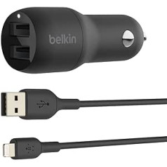 Belkin USB automašīnas lādētājs ar 2 pieslēgvietām, 24 W Lightning kabelis (Boost Charge automašīnas lādētājs, USB automašīnas lādētājs) iPhone 14/14 Plus, Pro, Pro Max, 13, 12, 11 un vecāki, iPad, AirPods automašīnas lādētājs