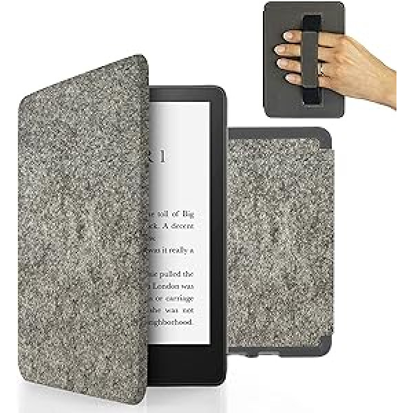 MyGadget filca futrālis Amazon Kindle Paperwhite 11. paaudzei (no 2021. gada — 6,8 collas) ar rokas siksniņu un automātiskās miega/pamošanās funkciju — apgriežams korpuss gaiši pelēkā krāsā