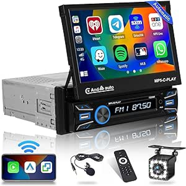 Automašīnas radio 1 Din bezvadu Apple Carplay Android automašīna ar automātisku ekrānu, izvelkamu 7 collu skārienekrānu Automašīnas radio 1 Din ar Bluetooth brīvroku komplektu FM AUX USB TF spoguļsaites atpakaļgaitas kamera