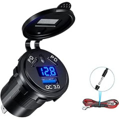 Kewig 12V USB C ligzda Automašīnas lādētājs Dual 45W PD Type C & 18W QC3.0 USB ar digitālo voltmetru un Change Mobile Phone Quick Charge Waterproof for Motor Boat Motocycle