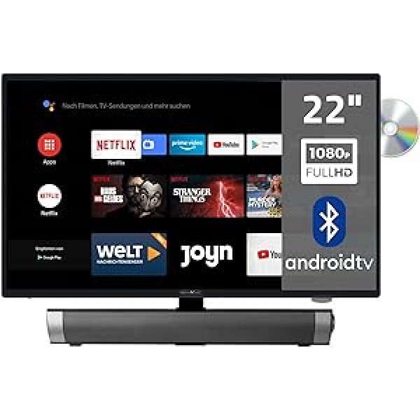 Reflexion_TV LDDW22iSB+ DVD atskaņotājs, Smart TV, 22 collu, dzīvojamajām mājām un treileriem, 12 V automašīnas adapteris, ar Soundbar, Full HD izšķirtspēja, HDMI, WLAN, Bluetooth, triecienizturīgs, melns