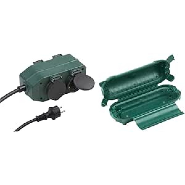 Meister Socket Block 4-way - 2 m Cable 7430940 & Seifs pagarinātāja kabelim - IP44 aizsardzība pret šļakatām - Kabeļiem līdz 9 mm biezumam - aizsardzība pret mitrumu un netīrumiem ārā / 7436090