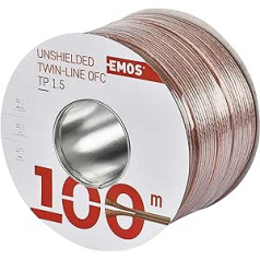 EMOS Speaker Cable OFC 2 x 1.5 mm², 100 m HiFi Audio Speaker Cable Made of Pure Copper for Speakers and Surround Systems, Transparent with Polarity Marking