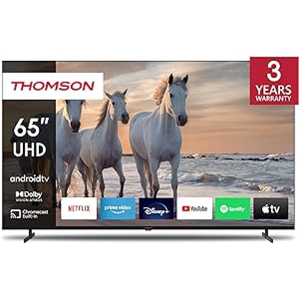 Thomson 65 collu (164 cm) UHD televizors Smart Android TV (WLAN, HDR, trīskāršā uztvērēja DVB-C/S2/T2, balss vadība, Netflix, YouTube, Prime Video, Disney+) — 65UA5S13-2023