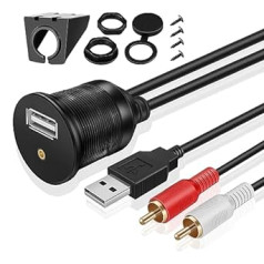 TNP 3,5mm Aux + USB Einbaubuchse Kabel - 1m, Kfz USB & Cinch-Stecker auf 3,5-mm Klinkenbuchse, Auto USB RCA Verlängerungskabel, Stereo Audio Adapter für Armaturenbrett, LKW, Boot, Motorrad, schwarz