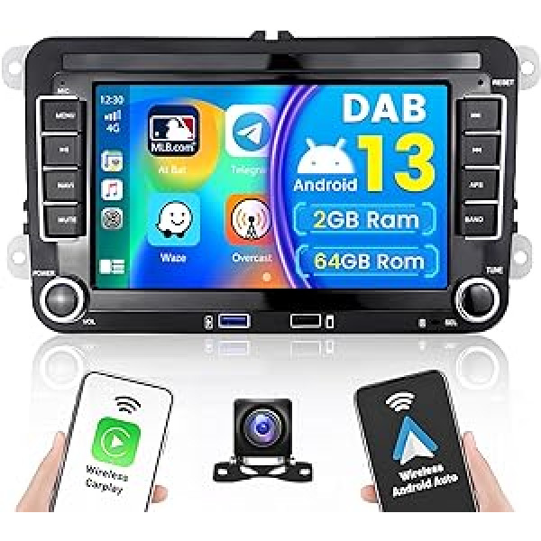 DAB+/DAB Android 13 auto radio priekš VW Golf Skoda Passat Seat ar bezvadu Carplay Android Car Radio 7 collu skārienekrāna ekrāna atbalsts GPS navigācija BT FM EQ WiFi USB atpakaļgaitas kamera 2GB + 64GB