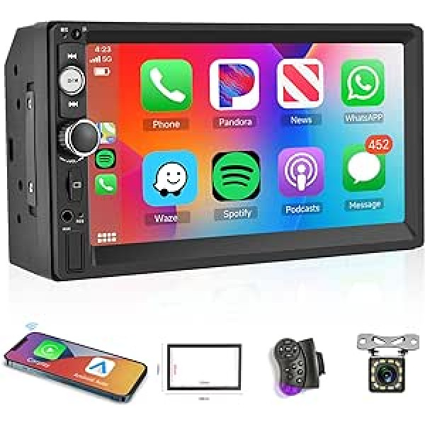 Hodozzy Wireless Carplay Android Car 2 Din automašīnas radio, 7 collu HD skārienekrāna multivides atskaņotājs ar Bluetooth/Mirror Link/USB/AUX/FM radio + atpakaļgaitas kamera