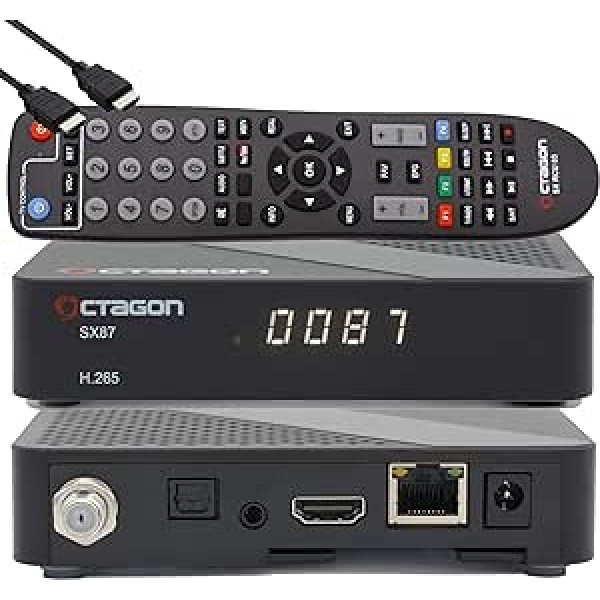 OCTAGON SX87 HD H.265 S2+IP HEVC televizora pierīce — viedtelevizora uztvērējs, karšu lasītājs, multivides atskaņotājs, multivides bibliotēka, DLNA, YouTube, tīmekļa radio, iOS un Android lietotne, USB PVR, bezmaksas EasyMouse HDMI kabelis