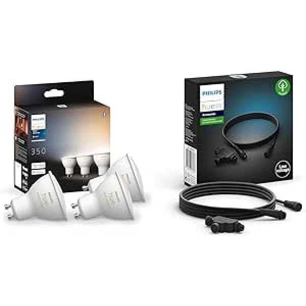 Philips Hue White Ambiance GU10 iepakojums, 3 x 350 lm, aptumšojams un zemsprieguma pagarinātājs 2,5 m, All Hue zemsprieguma āra apgaismojumam, laikapstākļu izturīgs (IP67), melns