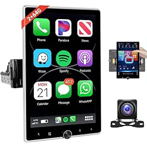 2 + 64 G podofo Android 13 automašīnas radio 1 DIN automātiski rotējošs ekrāns 10,4 collu 50 UI bezvadu Carplay/Android automašīnas Bluetooth spoguļsaites FM/RDS/USB/mikrofons ar AHD atpakaļgaitas kameru