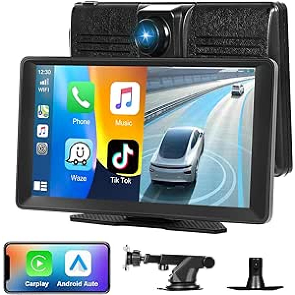 Podofo Wireless Apple CarPlay Car Radio Con 4K Dash Cam Android Car Radio ekrāns, 9 collu skārienekrāns ar cilpas ierakstīšanu/Bluetooth/Mirror Link/FM raidītājs/AUX/ADAS/GPS 9V-36V Plug & Play