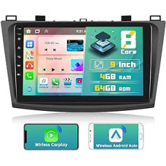 Hikity 8 kodolu dubultā DIN Android automašīnas radio priekš Mazda 3 2009-2013 ar bezvadu CarPlay Android Car, 4 + 64 GB, 9 collu IPS skārienekrāna automašīnas radio Bluetooth ar satelīta navigācijas sistēmu RDS DSP atpakaļgaitas kameru