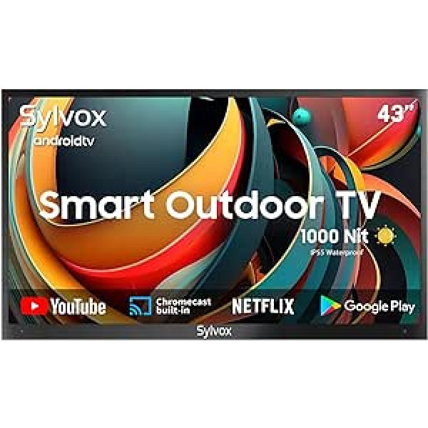 SYLVOX 1000 nitu 43 collu āra televizors, IP55 ūdensnecaurlaidīgs, viedais Android TV 4K UHD, HDR 10 Dolby Audio TV, balss meklēšana, DTV un ATV, DVB-T/C/T2/S/S2 Chromecast HBBTV Bluetooth un WiFi deck Pro Series 2023