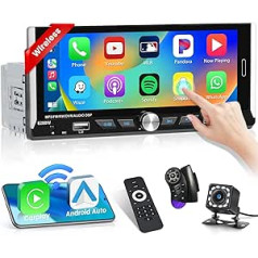 Hikity Wireless Apple Carplay Autoradio 1Din ar Bildschirm 7Zoll skārienekrānu 1Din Radio Bluetooth un Bluetooth-Freisprecheinrichtung Volumen Knopf Typ C FM AUX USB SWC Mirror Link Rückfahrkamera