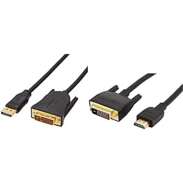 Amazon Basics HDMI–DVI adaptera kabelis 0,9 m (nav savienošanai ar SCART vai VGA portiem) un DisplayPort–DVI kabelis ar zeltītiem savienotājiem 1,8 metri