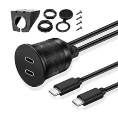 TNP USB C skydelio lizdo laidas – 2 m, automobilio USB 3.0 montavimo lizdo laidas, C tipo USB ilginimo laidas, USB prietaisų skydelio laidas, 2 x C tipo vyriškas iki 2 x C tipo lizdas automobiliui, sunkvežimiui, valčiai, motociklui, juodas