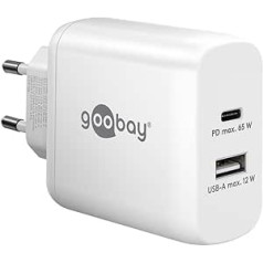 Goobay 65410 Dual Charger 65W / USB-C & USB-A ātrā lādētāja barošanas piegāde / uzlādes barošanas avots ar 2 USB portiem / lādētājs mobilajam tālrunim, iPad, planšetdatoram utt.