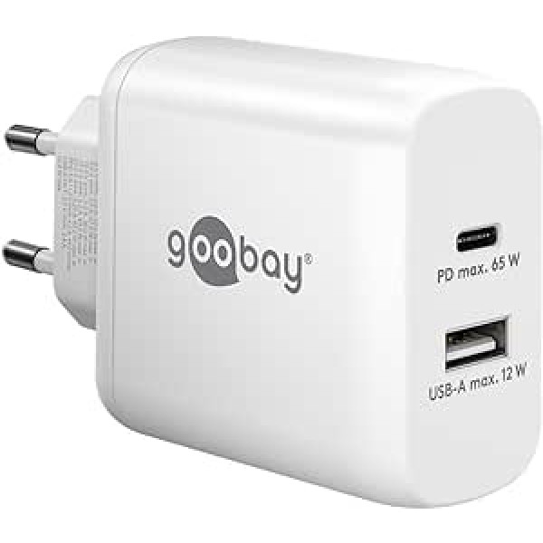 Goobay 65410 Dual Charger 65W / USB-C & USB-A ātrā lādētāja barošanas piegāde / uzlādes barošanas avots ar 2 USB portiem / lādētājs mobilajam tālrunim, iPad, planšetdatoram utt.