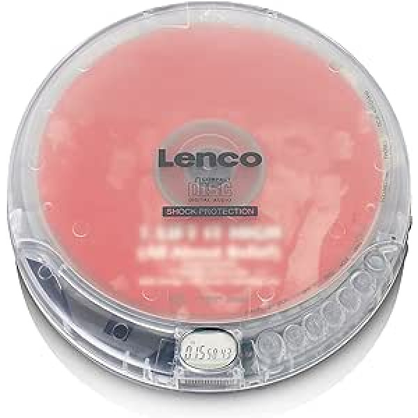 Lenco CD atskaņotājs CD-202 Discman ar LCD displeju - ar prettriecienu - MP3 - Akumulatora un tīkla funkcija - Audiogrāmatas funkcija - Ietver stereoaustiņas, USB uzlādes kabeli - Caurspīdīgs