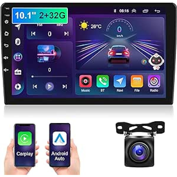 Podofo Android 12 Car Radio 2Din bezvadu Carplay Android Car 10,1 collu ekrāns 2+32G balss palīgs tīkls FM RDS Bluetooth AI DSP HiFi stūres vadība ar atpakaļgaitas kameru