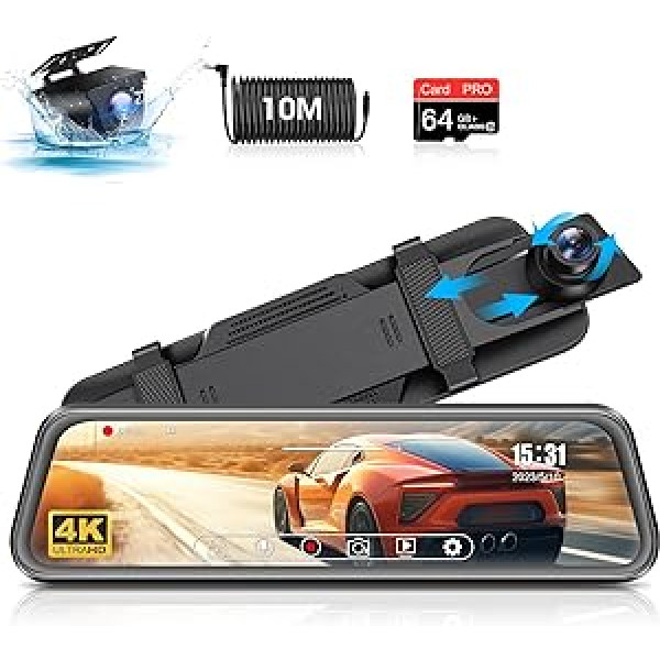 4K Dash Cam 10 collu spoguļa paneļa kamera ar atpakaļskata kameru 170° platleņķa paneļa kameras automašīnas spogulis priekšējais aizmugurē ar 64G SD kartes Dashcam atpakaļskata spoguli ar WDR nakts redzamības GPS atpakaļgaitas palīgierīc