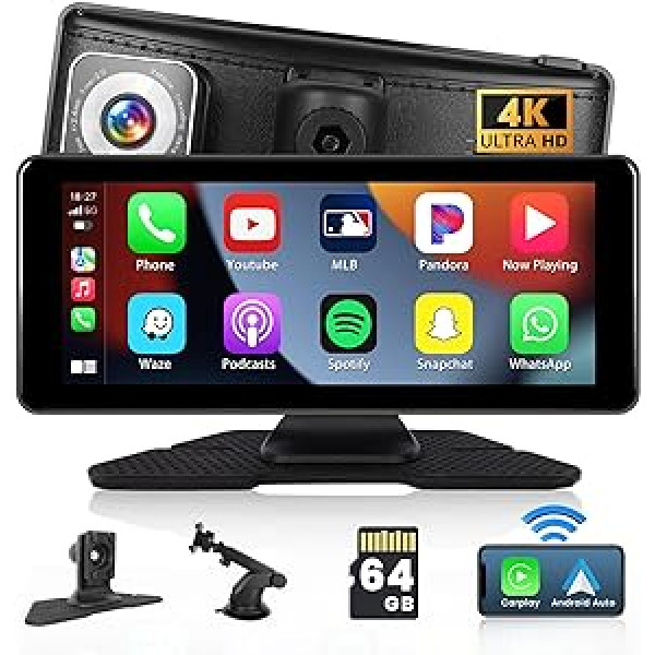 Hikity bezvadu CarPlay automašīnas radio ar 4K Dash kameru, 6,86 collu IPS skārienjutīgu displeju ar bezvadu Anroid automašīnas radio ar Bluetooth atpakaļgaitas kameru + 64G TF karti