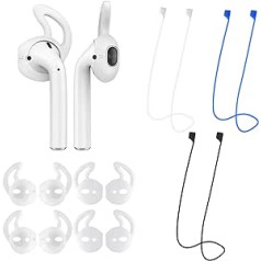 Iepakojumā ir 10 Airpods ausu āķi un 3 daļas magnētiskas pret pazaudēšanas siksnas Silikona mīkstie ausu āķu uzgaļi AirPods ausu āķa uzgaļi Silikona neslīdoši ausu aizbāžņi Ausu āķu vāciņi AirPods vai