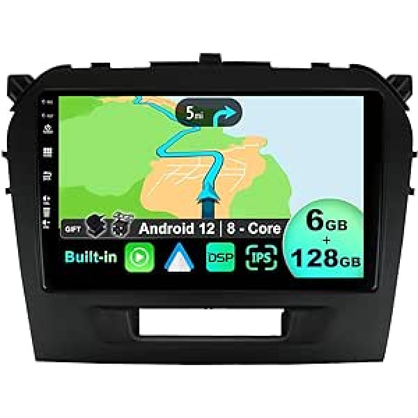 BXLIYER — 6G+128G — Android 12 IPS automašīnas radio, piemērots Suzuki Vitara (2014-2020) — bezvadu CarPlay/Android Car/DSP — LED kamera un mikrofons — 9 collu 2 DIN — DAB vadība ar stūri Fast Boot 360 kamera WiFi