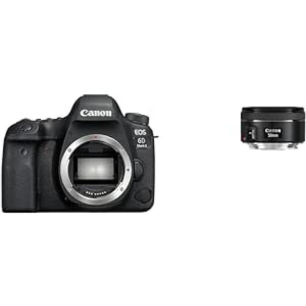 Canon EOS 6D Mark II DSLR digitālās kameras korpuss (26,2 MP, 7,7 cm (3 collas) displejs, DIGIC 7, ar WiFi, NFC, Bluetooth un GPS), melns un EF 50 mm F1.8 STM objektīvs (58 mm filtra vītne) Melns