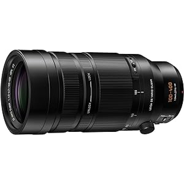 Panasonic Lumix H-RSA100400E Leica DG Vario-Elmar 100-400mm Ultra Zoom F4.0-6.3 objektīvs, mikro četru trešdaļu objektīvs, telefoto objektīvs, jaudas OIS, šļakatu/putekļu/salu izturīgs, ideāli piemērots video, melns