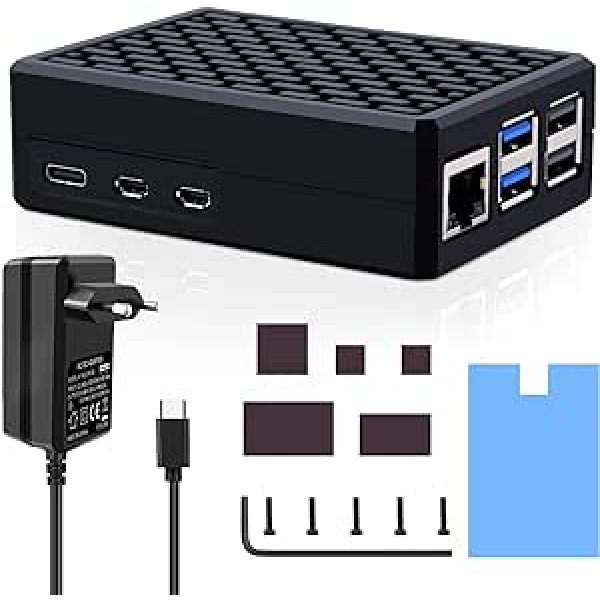 GeeekPi Raspberry Pi 5 alumīnija korpuss ar USB-C barošanas avotu 27 W, Raspberry Pi 5 bruņu korpuss ar pasīvo dzesēšanu, 27 W 5 V 5 A USB-C barošanas avots Raspberry Pi 5 4GB/8GB